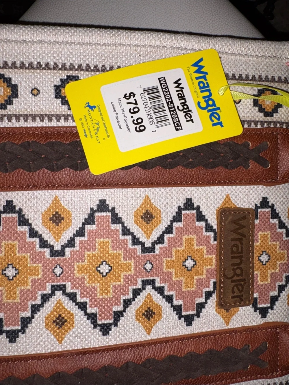Wrangler Canvas Tote with Geometric Embroidery in Beige, Brown & Mustard